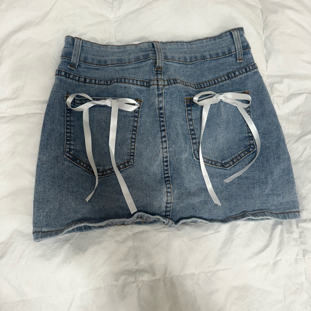SHEIN Blue Denim Mini Skirt with White Ribbon Details